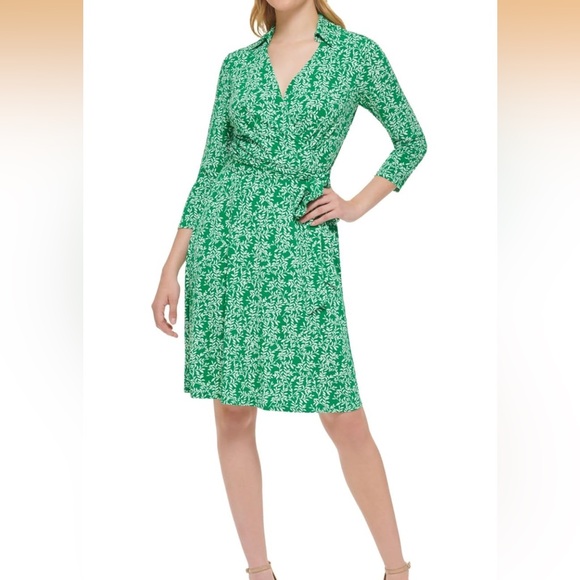 Jessica Howard Green Patterned 3/4 Sleeve collared V neck A line mini dress - Picture 7 of 15